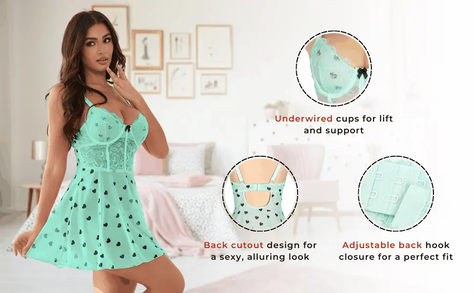 Love Salve Lingerie Heart Printed Lace Mesh Push up Night Dress - Love Salve